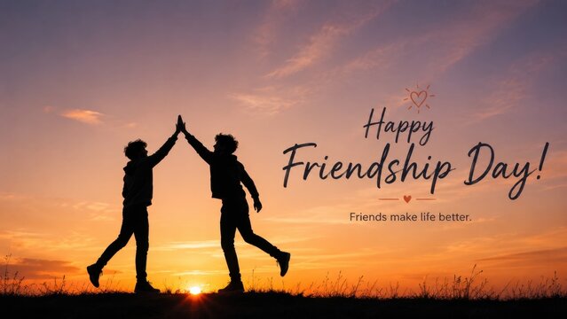 Friends giving high five at sunset. Happy friendship day celebration with silhouettes.