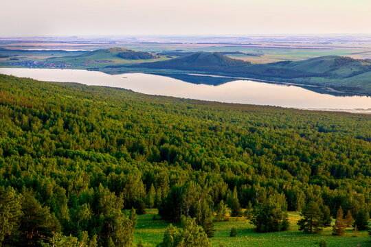 Lake Talkas photographed from the Irendyk Ridge at sunset on a summer day