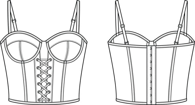 Women lace up bustier corset top technical flat sketch vector illustration mockup front and back view