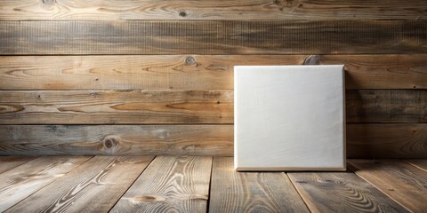 Fototapeta premium Blank Canvas on Rustic Wooden Floor and Wall Ready for Artistic Expression