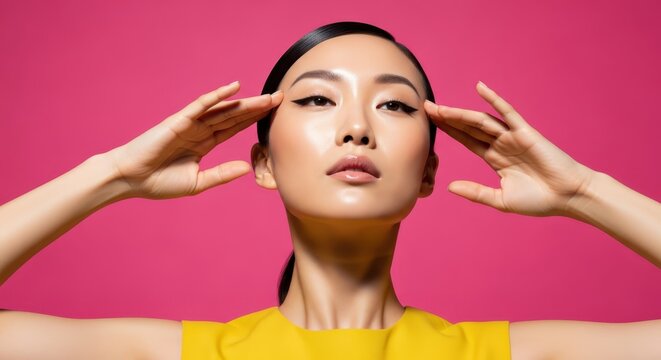 Beautiful Asian Woman with Perfect Skin and Winged Eyeliner Posing Against a Vibrant Pink Background for Beauty