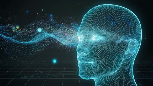 Futuristic digital human head with glowing wireframe and data stream visualization technology concept