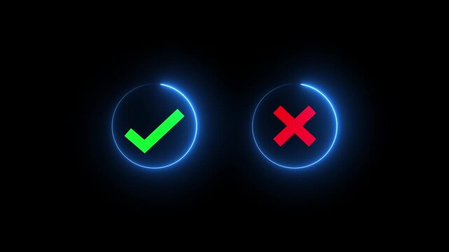 glowing neon Tick or check mark icon on Black Background . right and wrong animated neon icons, False and true. Correct and incorrect, "Minimal neon Check Mark and Cross Icon