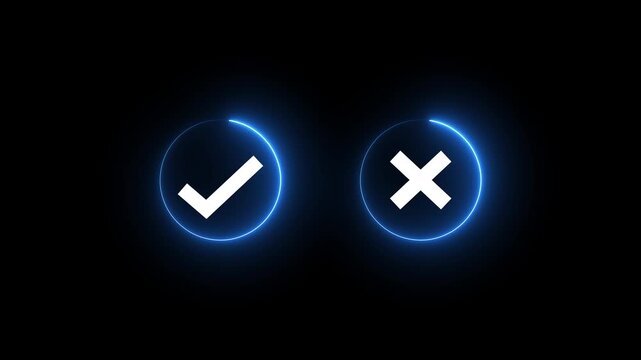 glowing neon Tick or check mark icon on Black Background . right and wrong animated neon icons, False and true. Correct and incorrect, "Minimal neon Check Mark and Cross Icon
