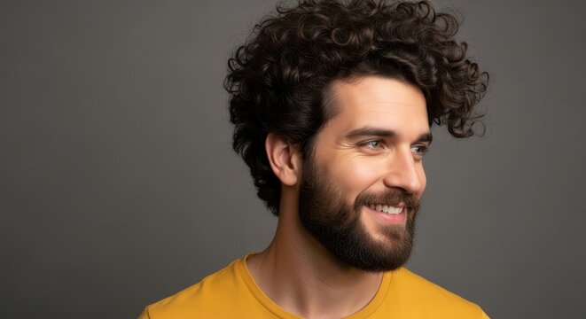 Portrait of a Handsome Young Man with Curly Hair and Beard Smiling Against a Grey Background