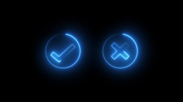 glowing neon Tick or check mark icon. right and wrong animated neon icons, False and true. Correct and incorrect, "Minimal neon Check Mark and Cross Icon