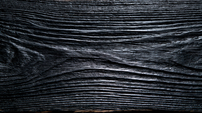 Detailed texture of dark black charred wood surface with horizontal lines