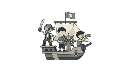 Three cartoon boys on pirate ship.