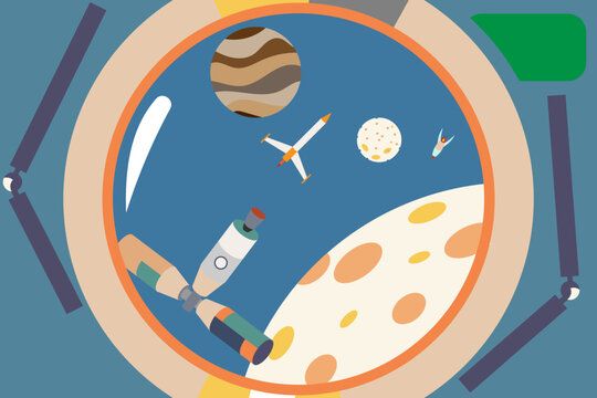 Cosmic vector illustration rocket on the space planets and satellite. 