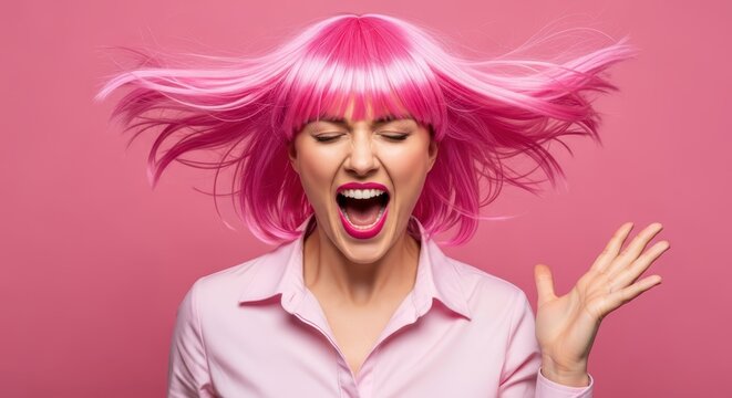 Expressive Young Woman with Vibrant Pink Hair Screaming in Excitement Against a Matching Pink Studio Background
