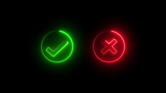 glowing neon Tick or check mark icon. right and wrong animated neon icons, False and true. Correct and incorrect, "Minimal neon Check Mark and Cross Icon