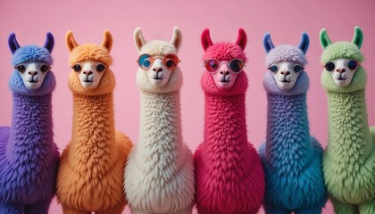 Fototapeta premium Colorful alpacas in sunglasses on pink background