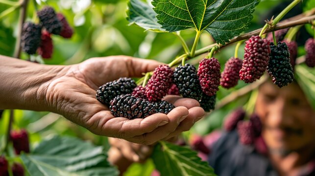 Farm worker's hands picking dark mulberry clusters from a branch. Concept of mulberry harvesting.