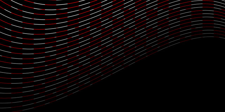 Abstract wavy line pattern with red and white dashed elements on black background