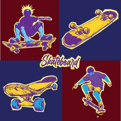 clipart cut out panel skateboard graphic set featuring skaters and board designs in bold colors skateboard recreation athletic lifestyle illustration movement exercise activity © DewiNurina
