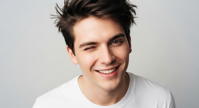 Handsome Young Man Winking and Smiling at Camera, Playful Expression, Studio Portrait on Gray Background