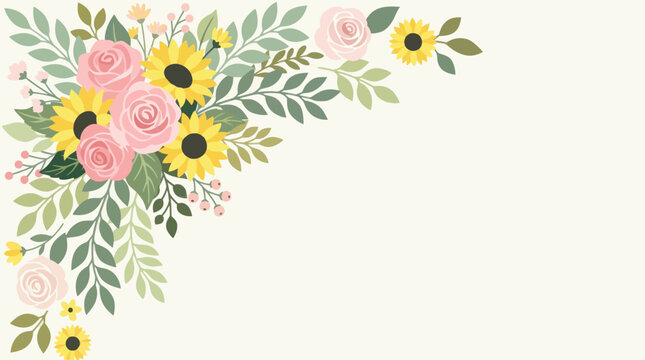 Floral corner frame with pink roses and yellow sunflowers on cream background