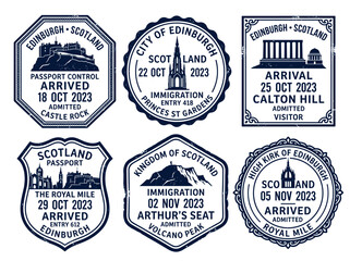 Obraz premium Vintage Edinburgh Scotland Travel Passport Stamp Badge Collection with Monochrome Landmark Emblems Vector Illustration