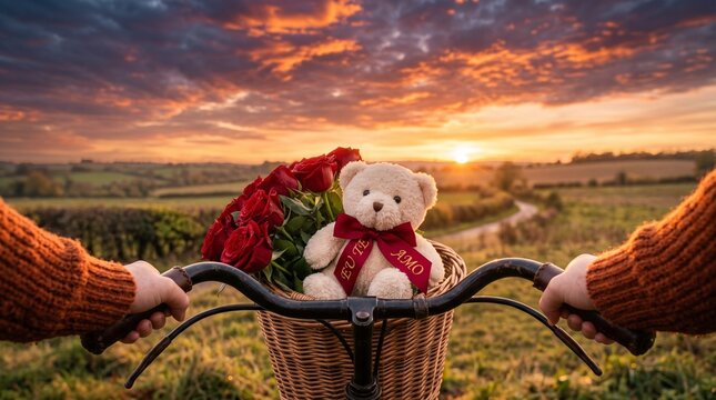Romantic sunset bicycle ride with teddy bear and red roses, first person view of bike basket in countryside, valentines day surprise gift