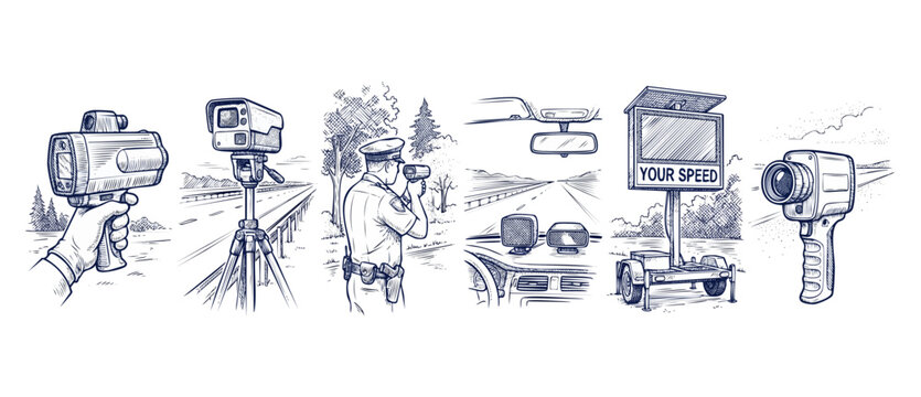 Speed camera radar gun police enforcement illustration set showing traffic speed limit monitoring, patrol officers, mobile speed signs, and highway safety control equipment.