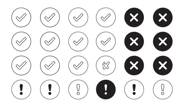 Thin line check mark cross and exclamation point icons for notification and alert system.