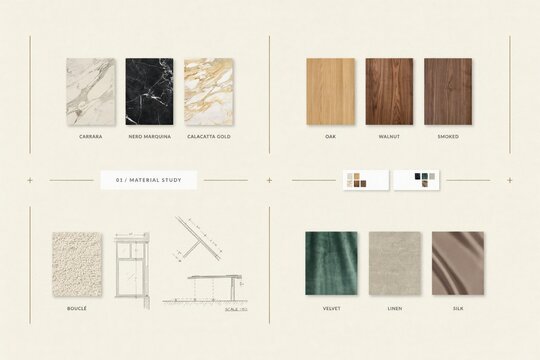 A study board featuring samples of carrara marble, nero marquina, calacatta gold, oak, walnut, smoked wood, boucl?, velvet, linen, silk
