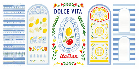 Naklejka premium italian lifestyle illustrations with colorful patterns and lemons dolce vita vector art design culture food fruit citrus graphic elements background white travel holiday