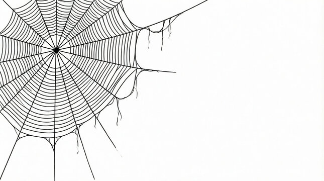 Minimalist black and white spider web illustration with broken strands, ideal for Halloween or nature-themed design projects
