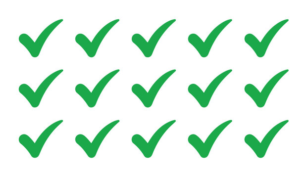 Collection of simple green checkmark icons for success validation or task completion state.