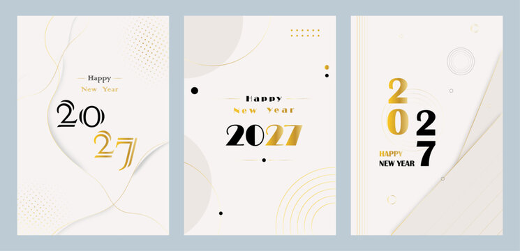 Luxury happy new year 2027 poster set with minimal gold typography and elegant geometric background