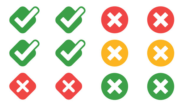 Set of colorful check and cross mark icons, approval and rejection symbols vector.