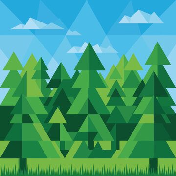 Geometric pine forest landscape with blue sky and stylized clouds