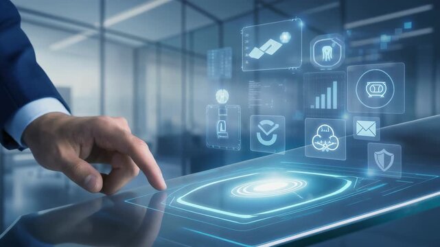 Businessman using futuristic touchscreen interface with digital icons in modern office environment