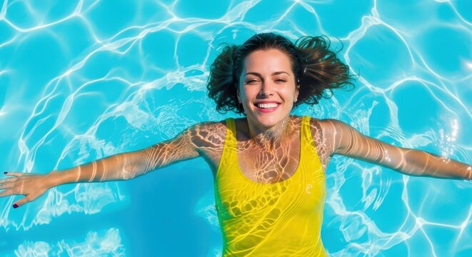 Happy Young Woman in Yellow Swimsuit Floating on Back in Clear Blue Swimming Pool Water During Summer Vacation
