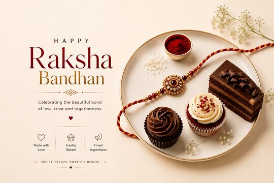 Happy Raksha Bandhan Bakery theme poster with Rakhi and Chocolate Desserts