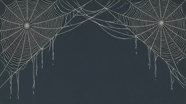 Spider webs with dew drops hanging against a dark background, perfect for Halloween or spooky design projects