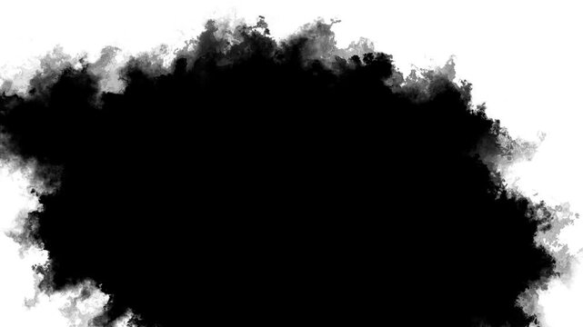 Black ink smoke cloud transition background soft gray edges, spreading mist, organic paint texture. reveals, title wipes, horror intros, grunge overlays, cinematic transitions, dramatic motion effects