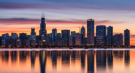 Fototapeta premium Illuminated Modern City Skyline Reflected on Calm Lake at Colorful Sunset