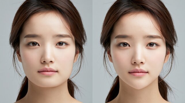 Split frame showing a square wide jaw versus a tapered V-line face in a Korean person. Concept of V-line jaw surgery.