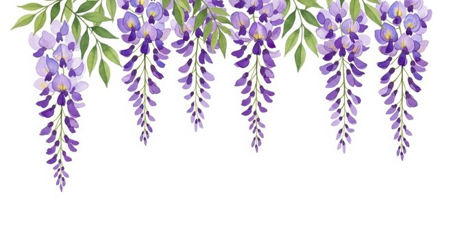 Hand Painted Watercolor Wisteria Floral Border with Purple Flowers and Green Leaves on White