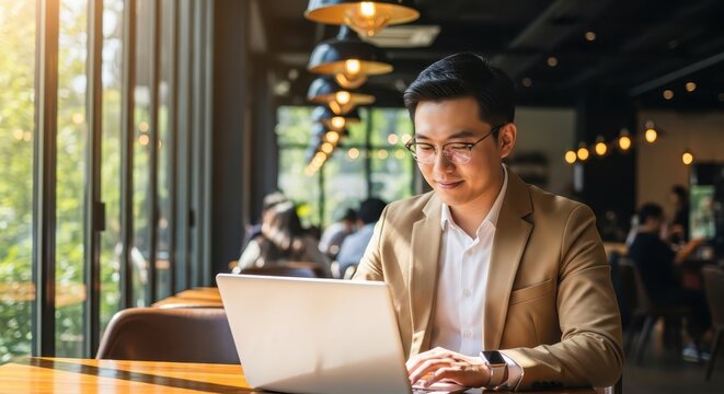 Professional Asian Businessman Working on Laptop in Modern Cafe, Remote Work and Digital Nomad Lifestyle Concept