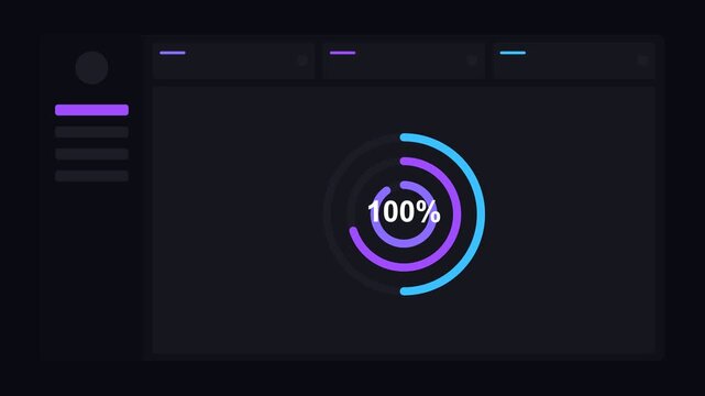 dark mode dashboard with concentric neon radial progress rings, neon indigo neon