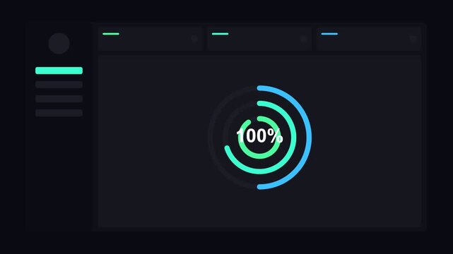dark mode dashboard with concentric neon radial progress rings, neon green neon
