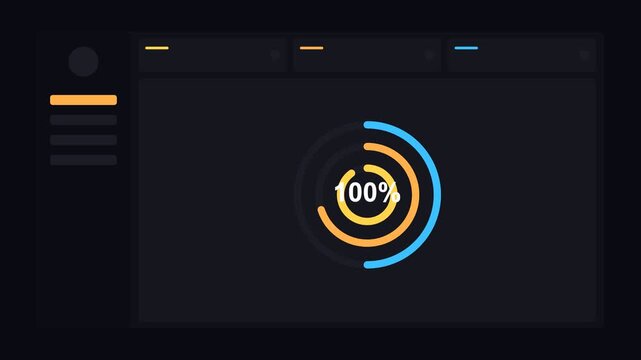 dark mode dashboard with concentric neon radial progress rings, neon gold neon