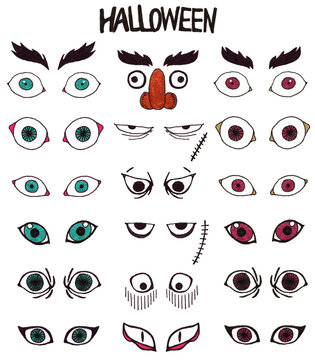 Spooky goblin eyes and eyebrows expressions set, hand-drawn colored pencil monster face features with eyebrows illustration for Halloween character creator and DIY costume design, isolated on transpar