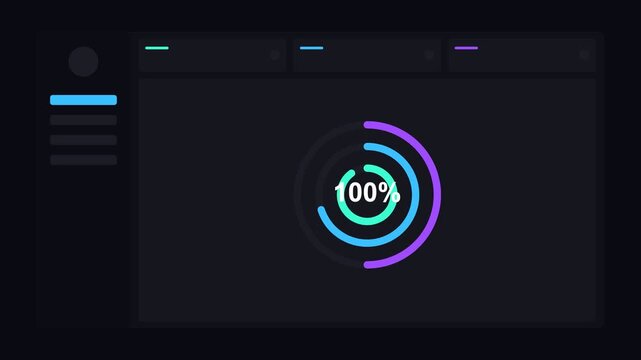dark mode dashboard with concentric neon radial progress rings, cyan teal neon