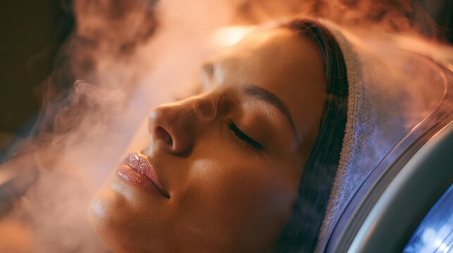 Client's face over a facial steamer with steam rising toward the skin. Concept of steam pore opening.