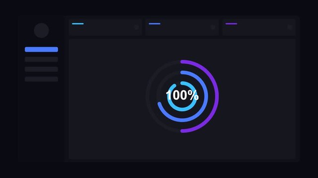 dark mode dashboard with concentric neon radial progress rings, blue and cyan neon
