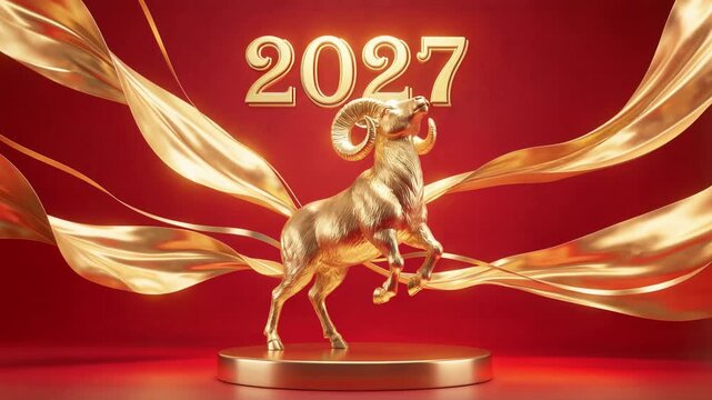 A golden goat surrounded by golden ribbons with the number 2027, a Chinese New Year celebration scene on a red background. Representative and astrology sign