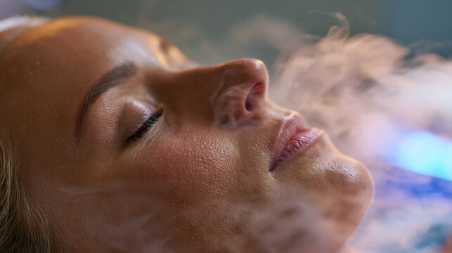 Client's face over a facial steamer with steam rising toward the skin. Concept of steam pore opening.